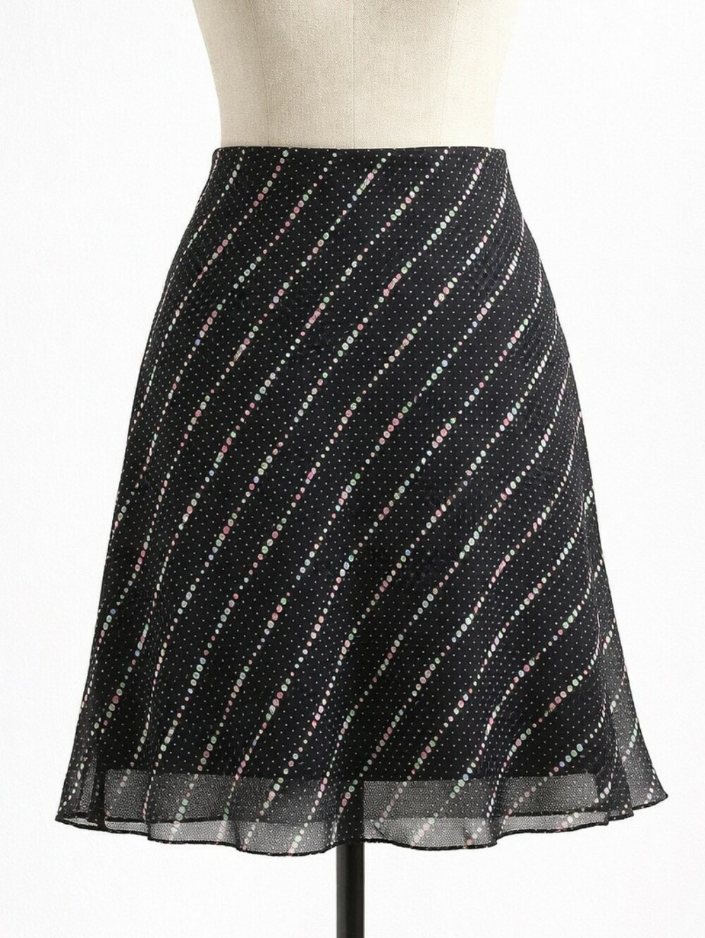 Vintage 90's Polka Dot Slip Skirt Black Pastel A‑Line Sheer Lined Retro | SMALL